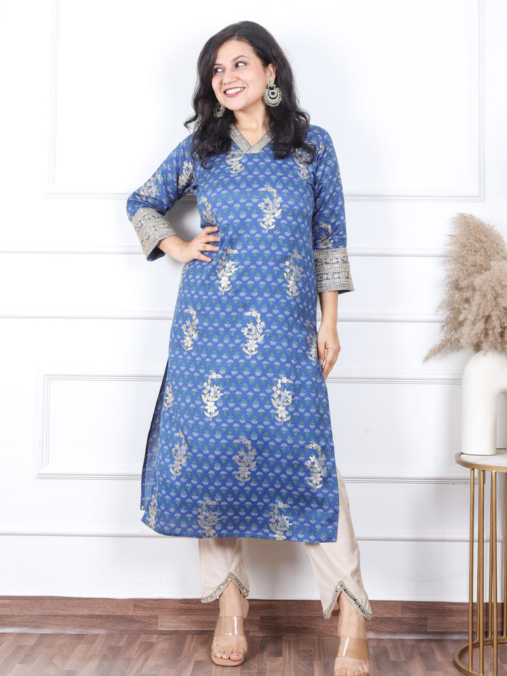 Sajna Sapp. Blue V Neck In Floral Printed with Foil Work Muslin Kurti