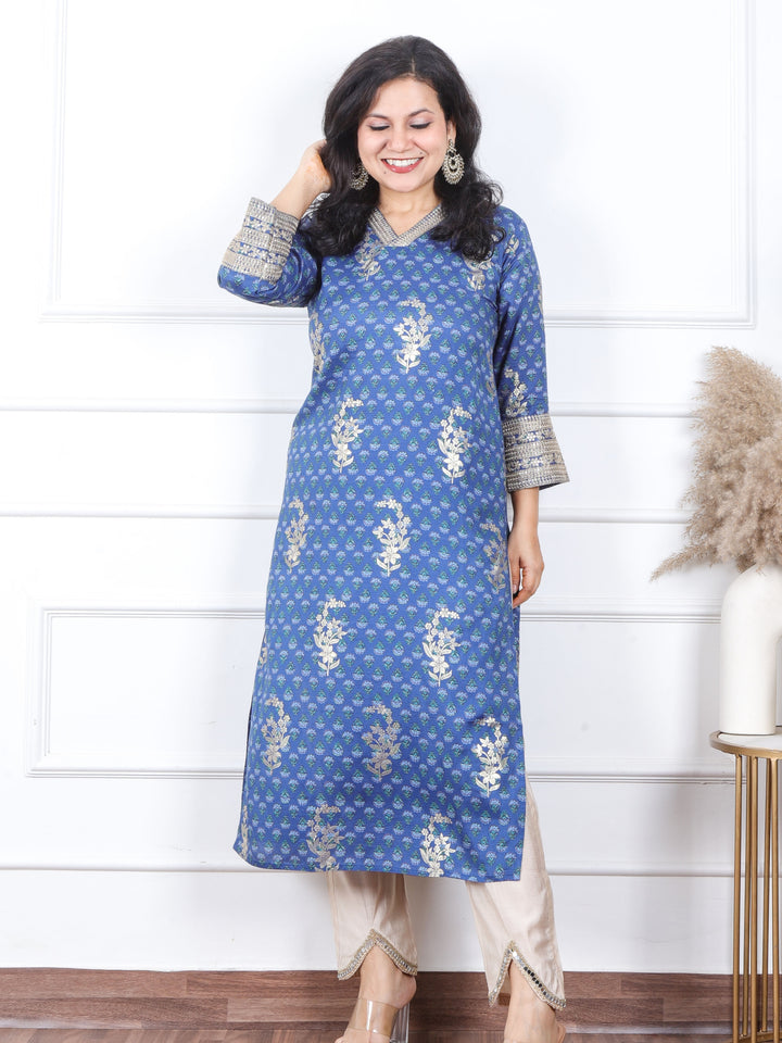 Sajna Sapp. Blue V Neck In Floral Printed with Foil Work Muslin Kurti