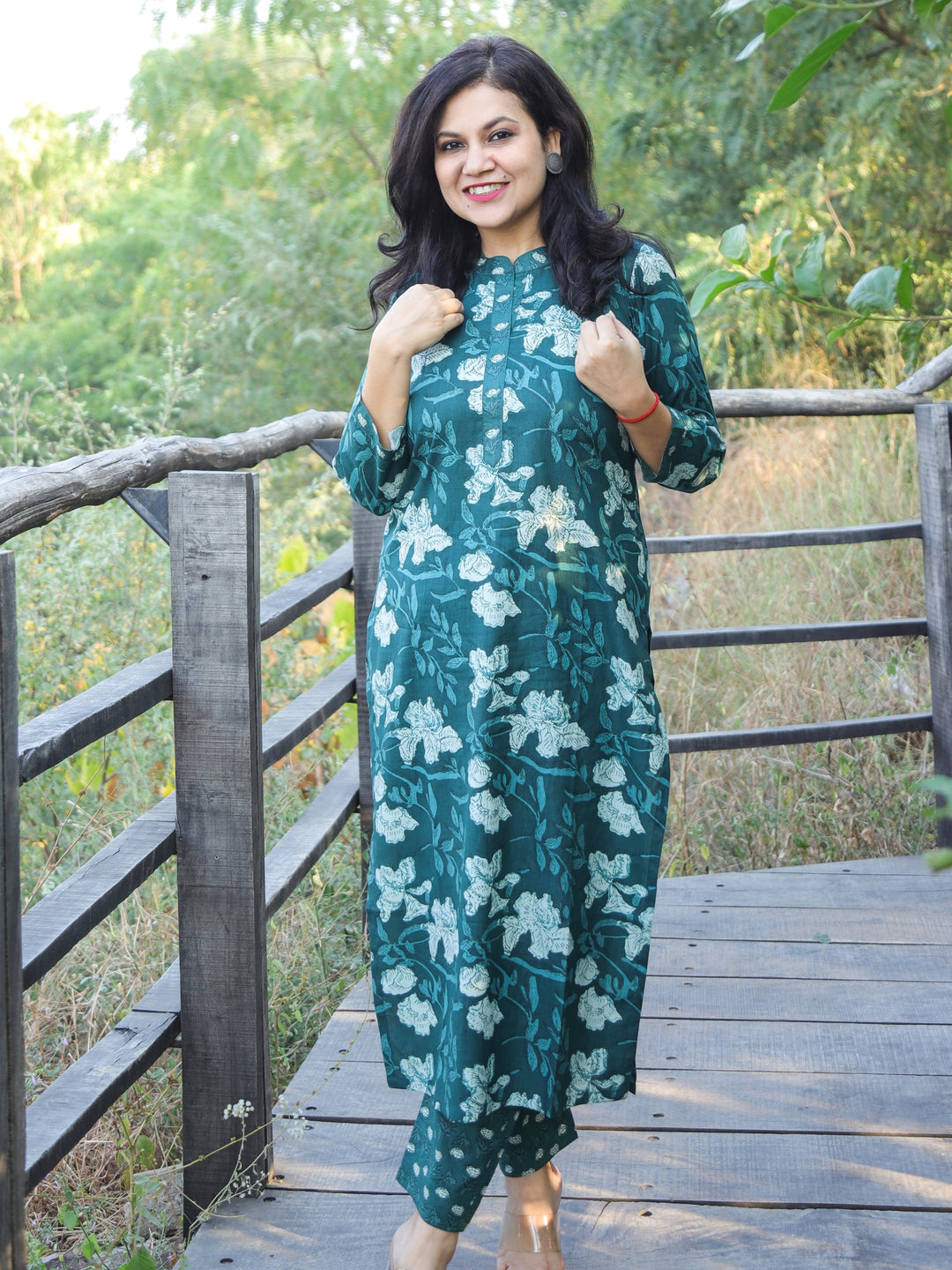 Dark Cyan All Over Floral Printed Cotton 2 Piece Set