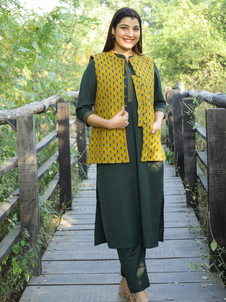 Dijon Yellow Ajrak Printed Quilted Cotton Jacket