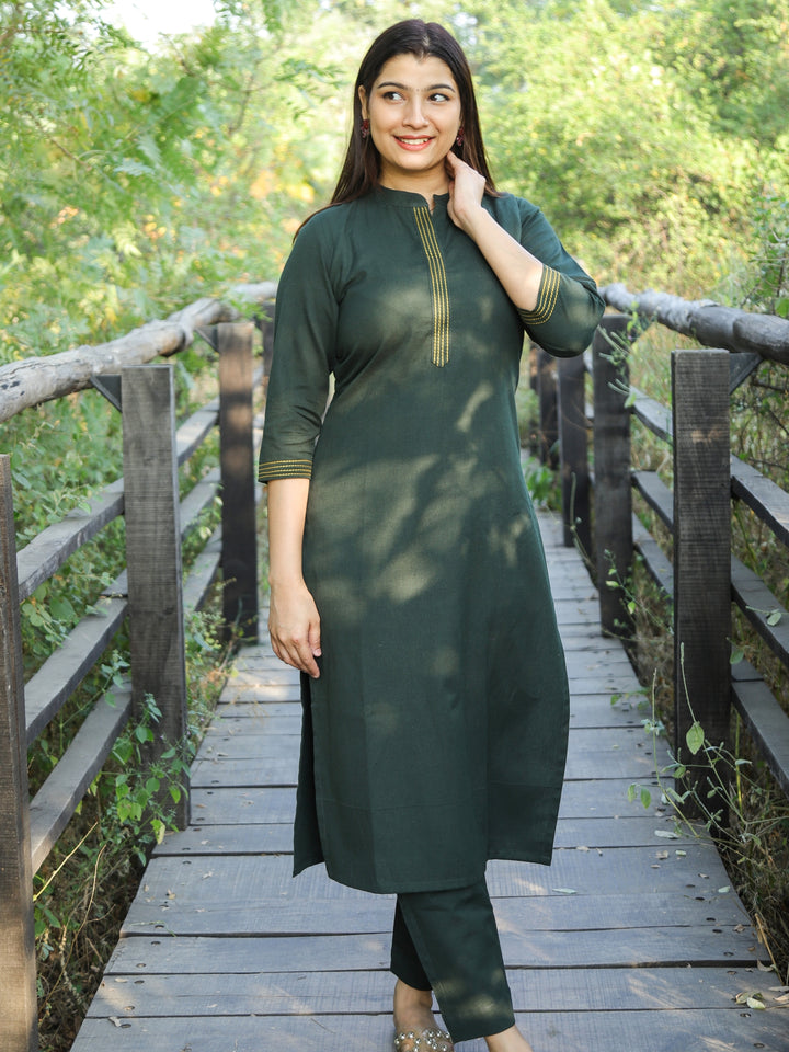 Dark Green Running Stitched Work Neckline Cotton Flex 2 Piece Set