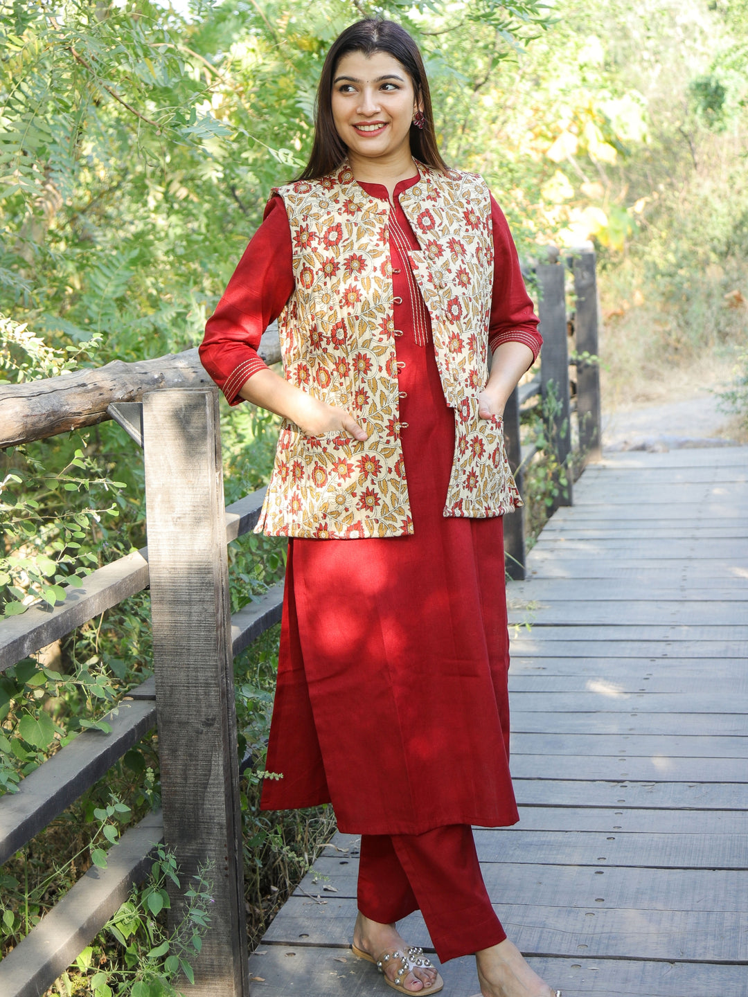 Cherry Red Running Stitched Work Neckline Cotton Flex 2 Piece Set