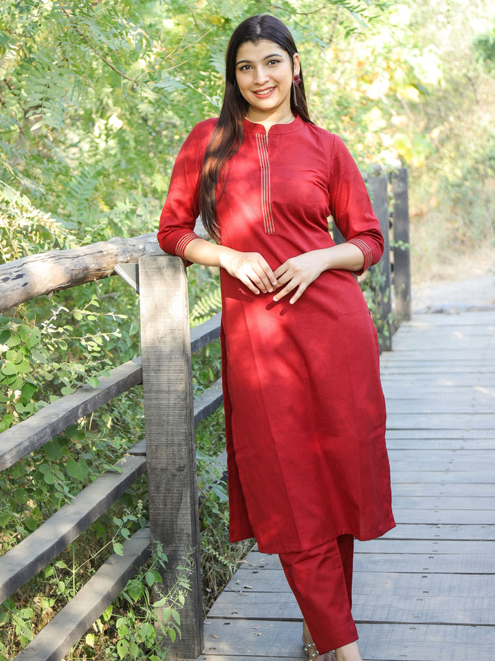 Cherry Red Running Stitched Work Neckline Cotton Flex 2 Piece Set