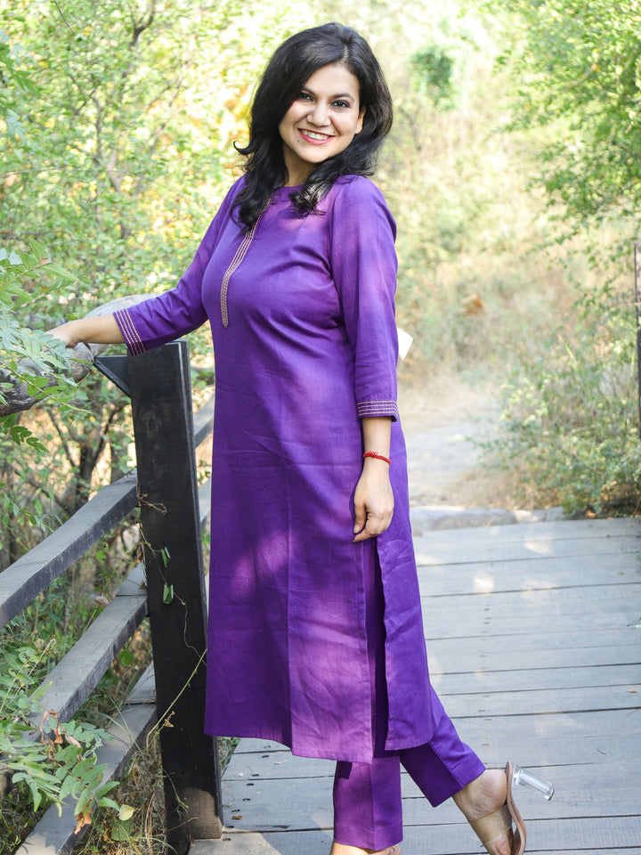 Violet Purple Running Stitched Work Neckline Cotton Flex 2 Piece Set