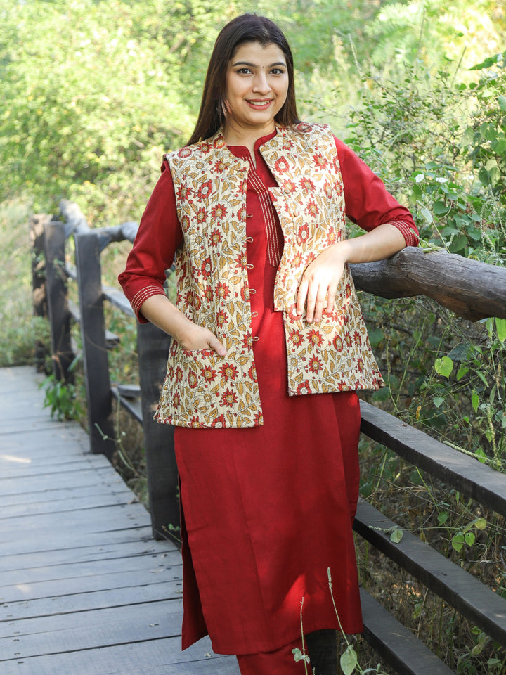 Beige Cream White Kalamkari Printed Quilted Cotton Jacket