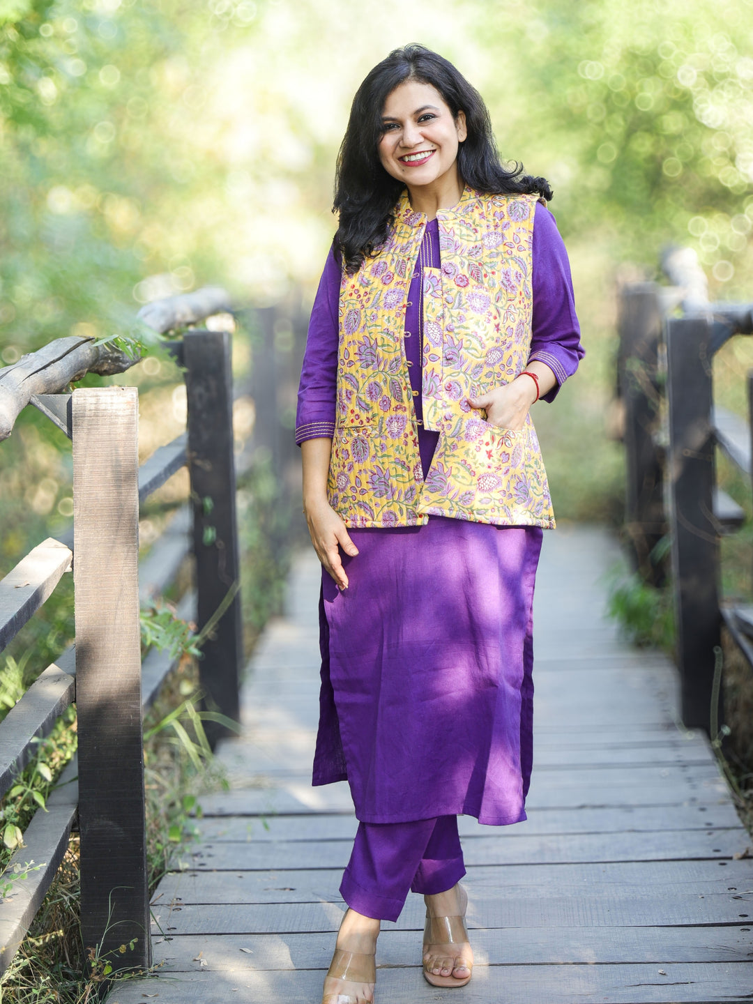 Violet Purple Running Stitched Work Neckline Cotton Flex 2 Piece Set