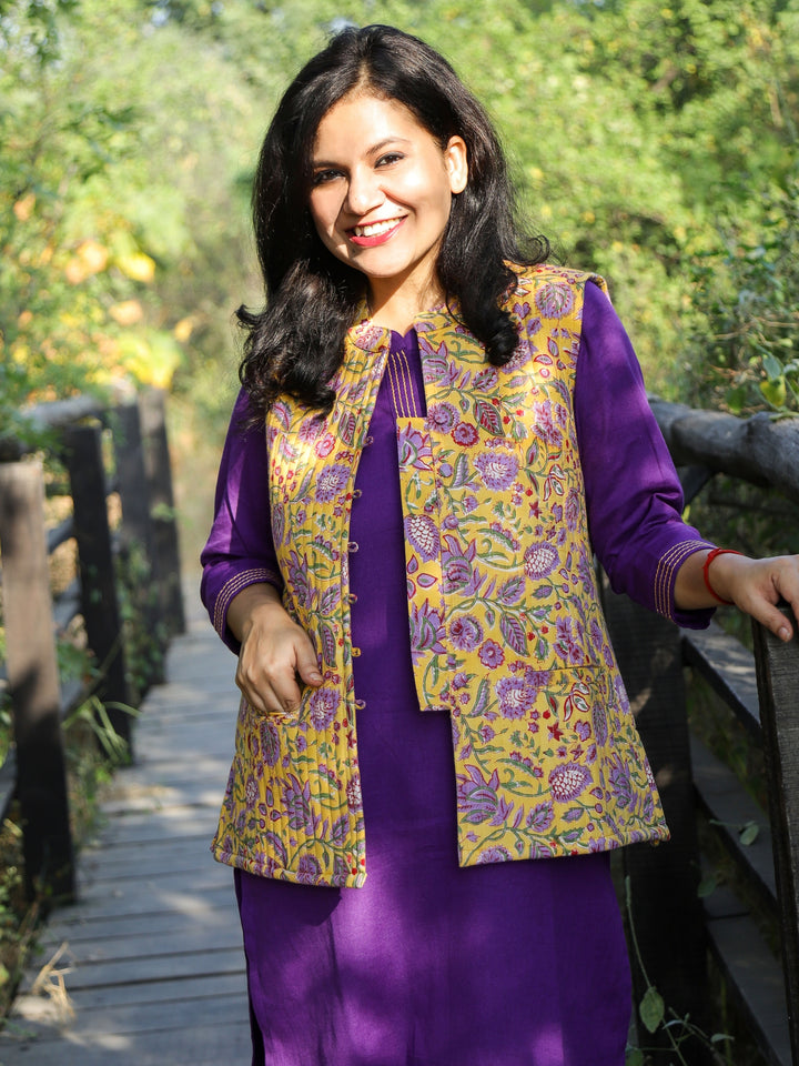 Violet Purple Running Stitched Work Neckline Cotton Flex 2 Piece Set