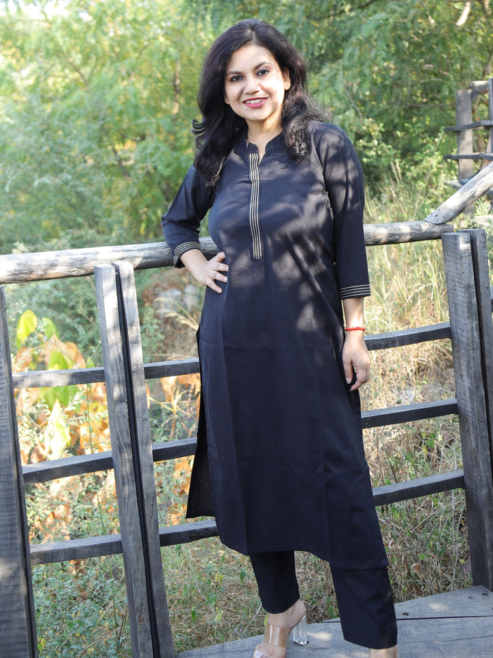 Oil Black Running Stitched Work Neckline Cotton Flex 2 Piece Set