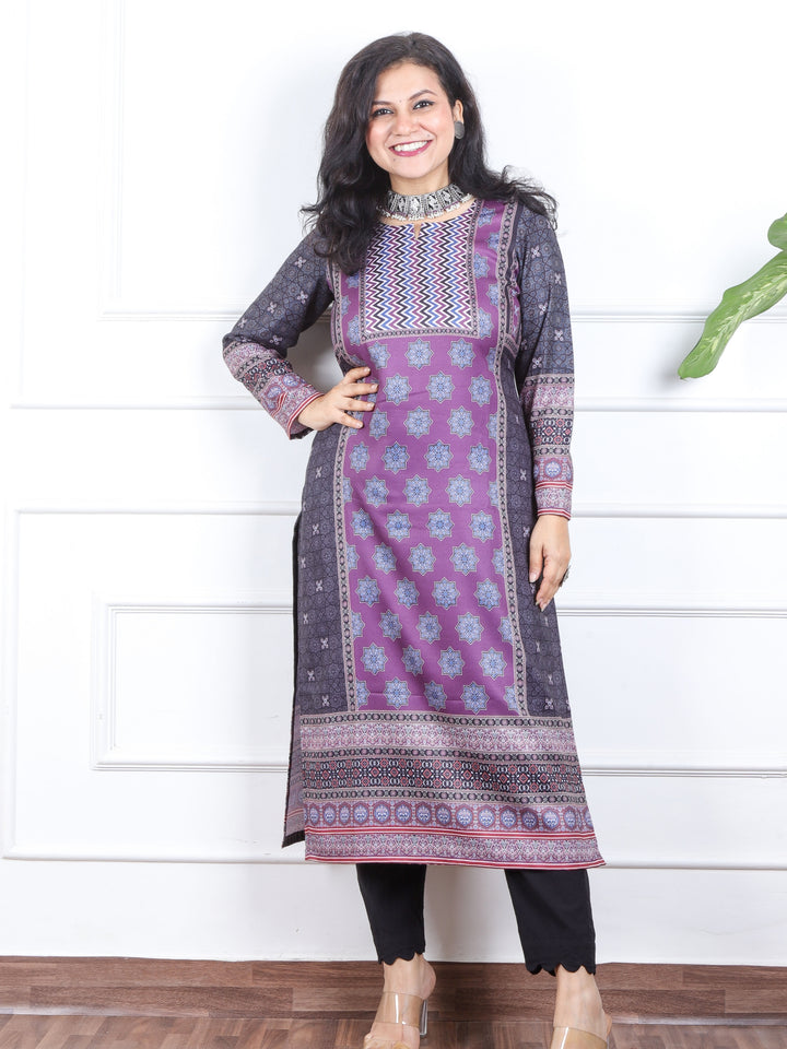Deep Purple Ajrak Placement Print Semi Pashmina Winter Kurti