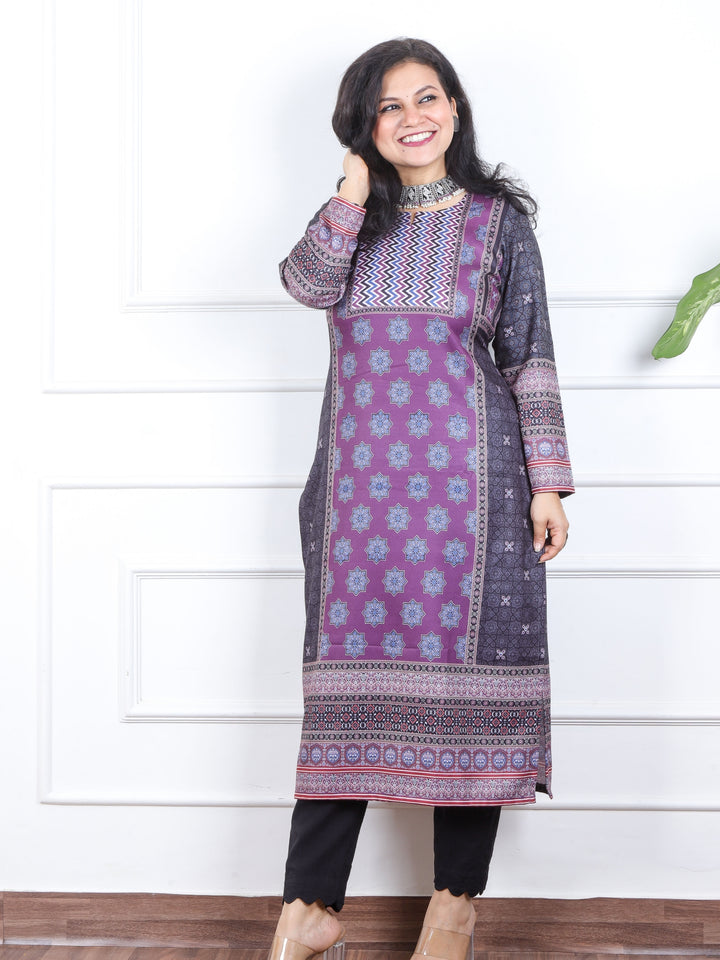 Deep Purple Ajrak Placement Print Semi Pashmina Winter Kurti