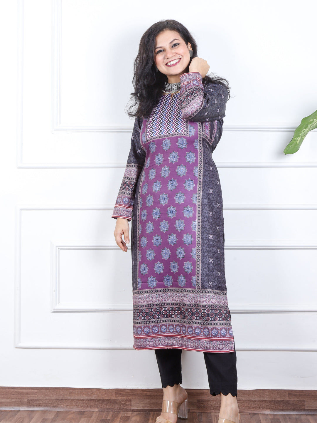 Deep Purple Ajrak Placement Print Semi Pashmina Winter Kurti