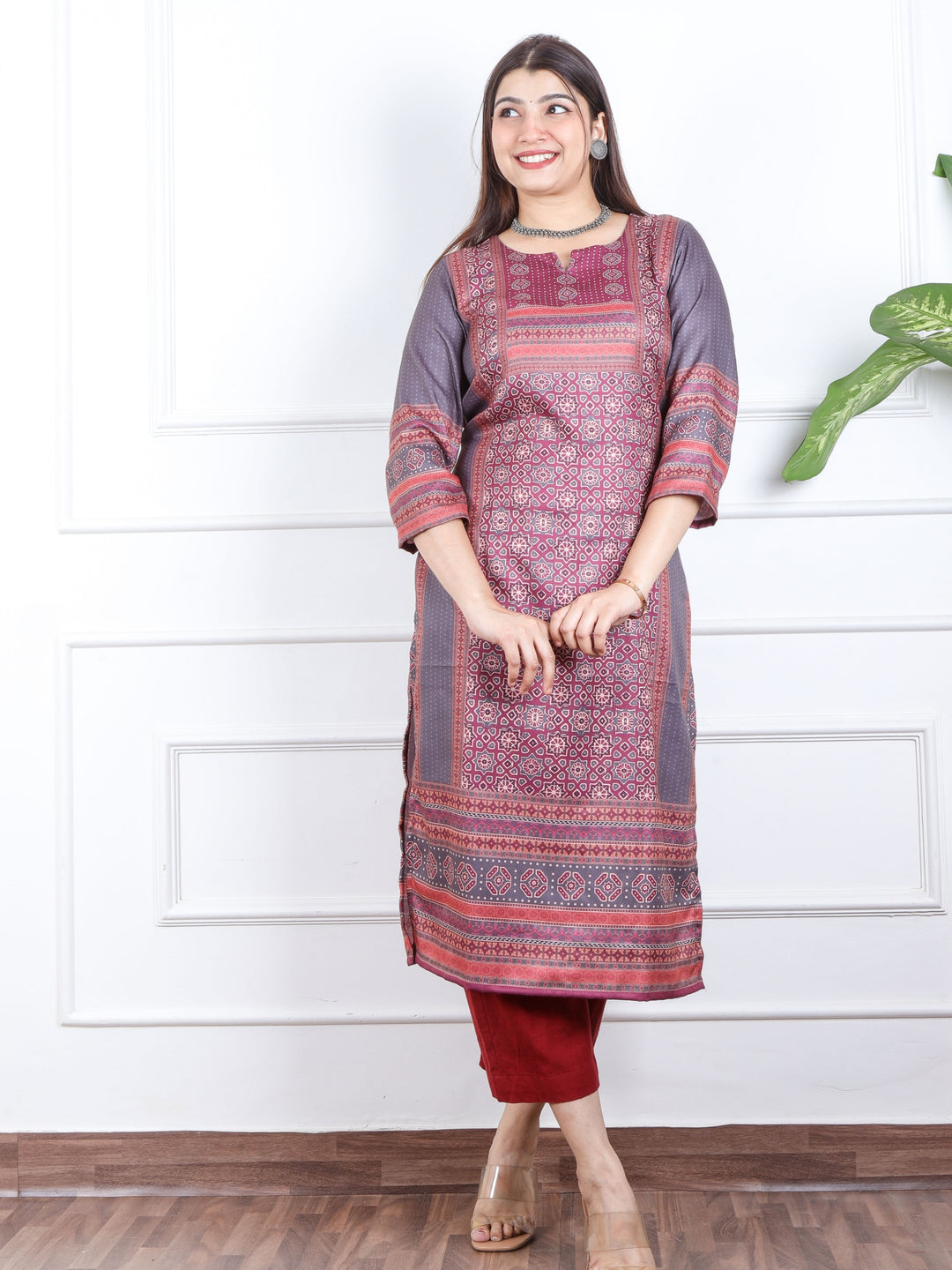 Mushroom Red Ajrak Placement Print Semi Pashmina Winter Kurti