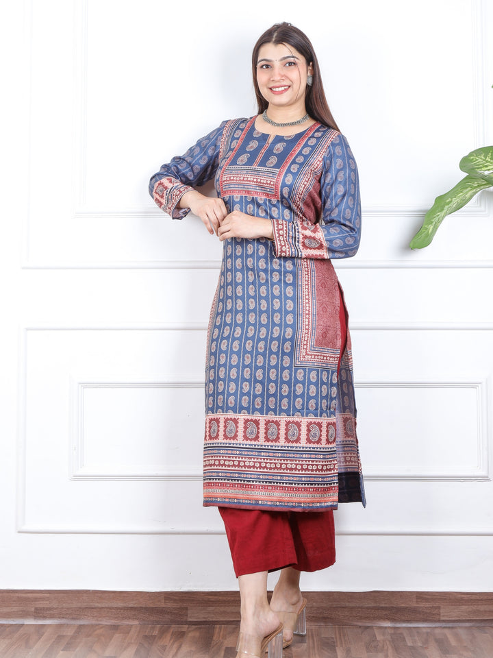 Royal Blue Ajrak Placement Print Semi Pashmina Winter Kurti