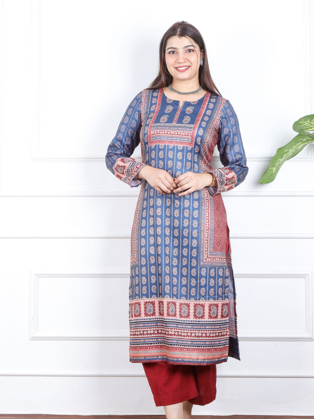 Royal Blue Ajrak Placement Print Semi Pashmina Winter Kurti