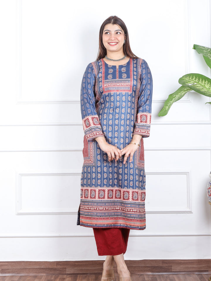 Royal Blue Ajrak Placement Print Semi Pashmina Winter Kurti