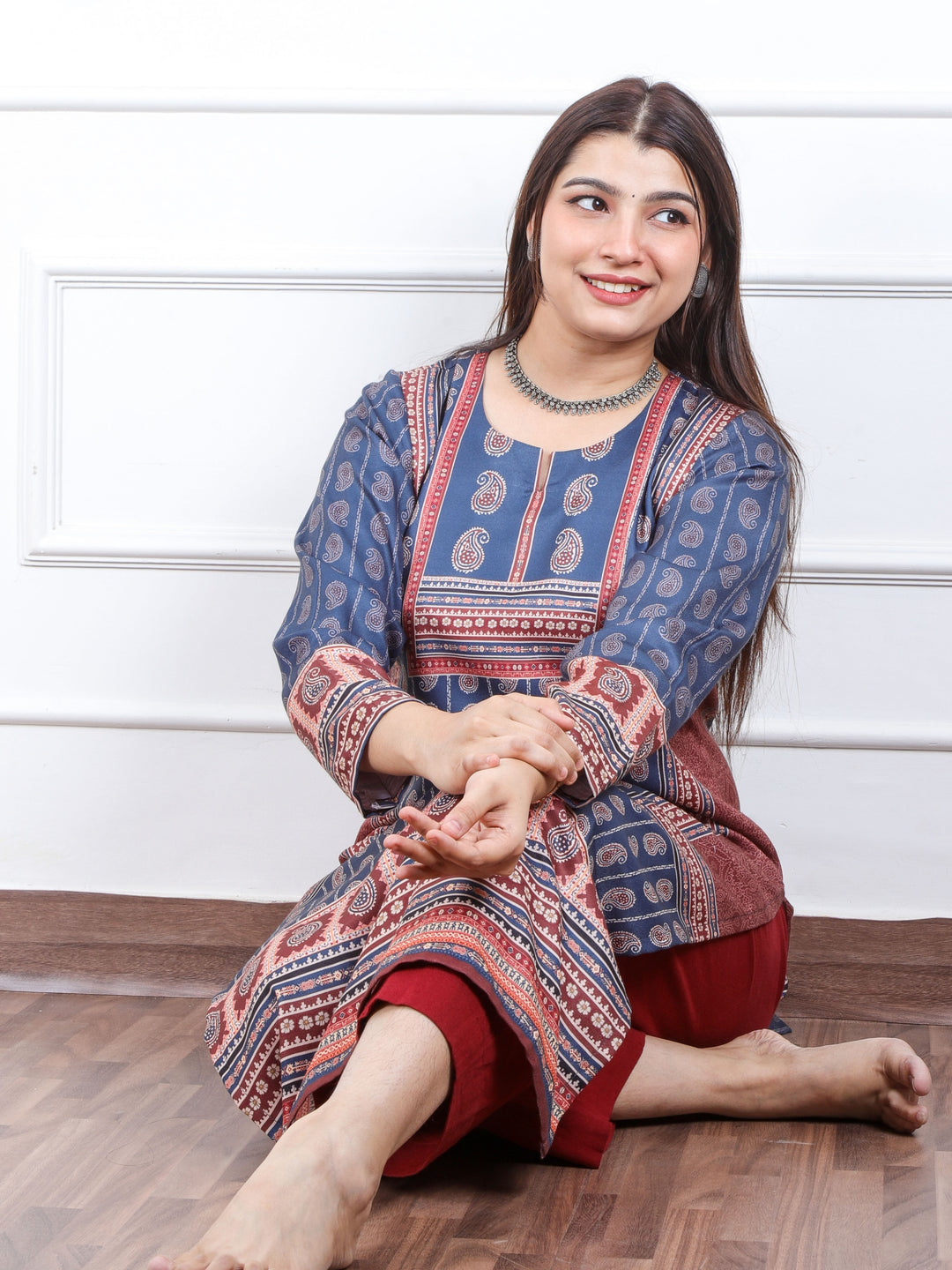 Royal Blue Ajrak Placement Print Semi Pashmina Winter Kurti