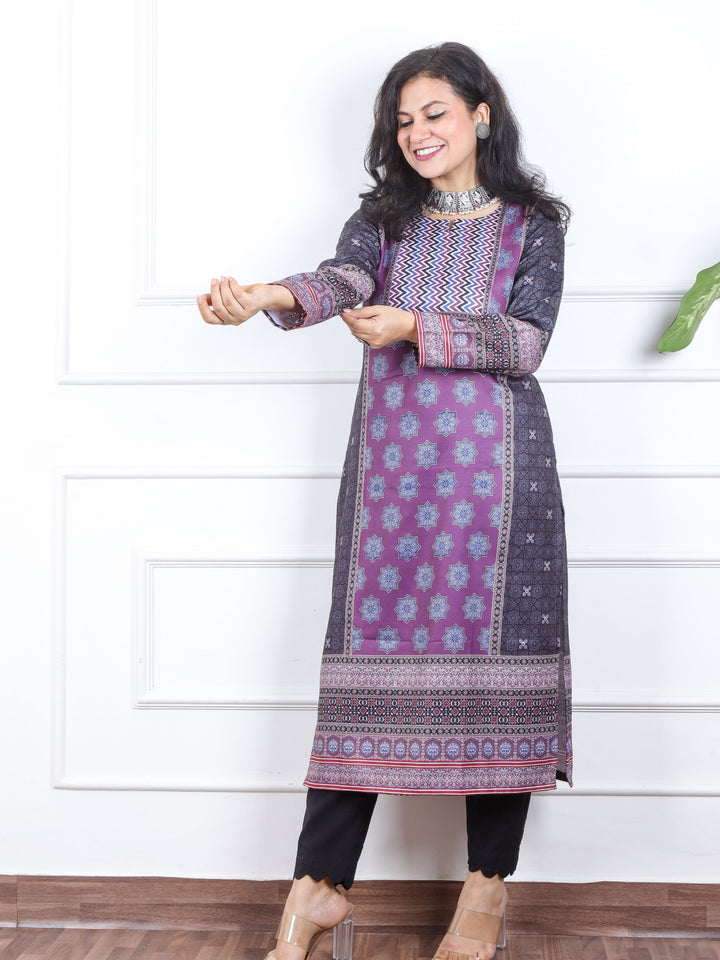Deep Purple Ajrak Placement Print Semi Pashmina Winter Kurti