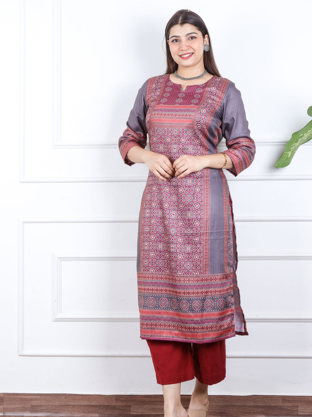 Mushroom Red Ajrak Placement Print Semi Pashmina Winter Kurti