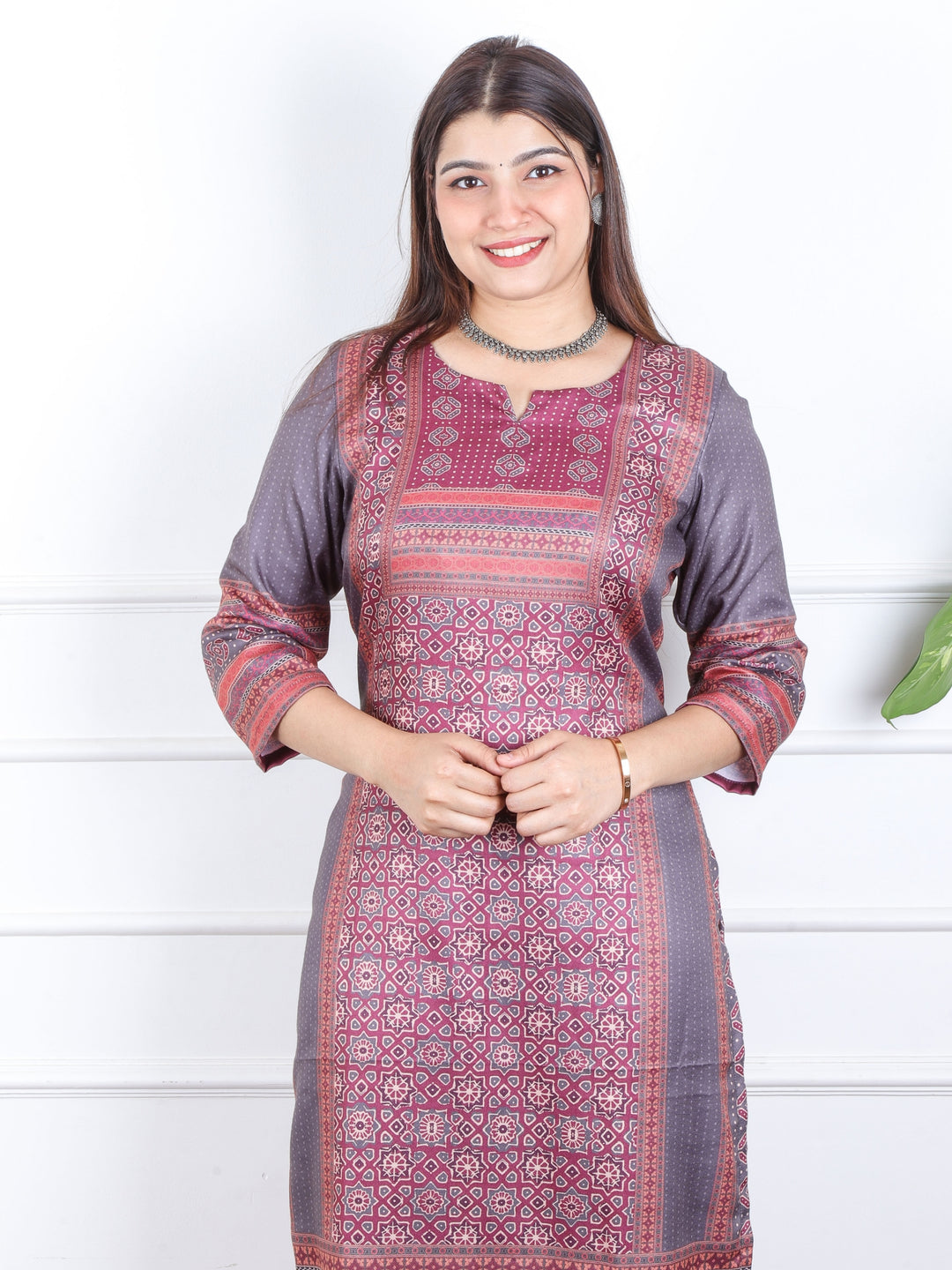 Mushroom Red Ajrak Placement Print Semi Pashmina Winter Kurti