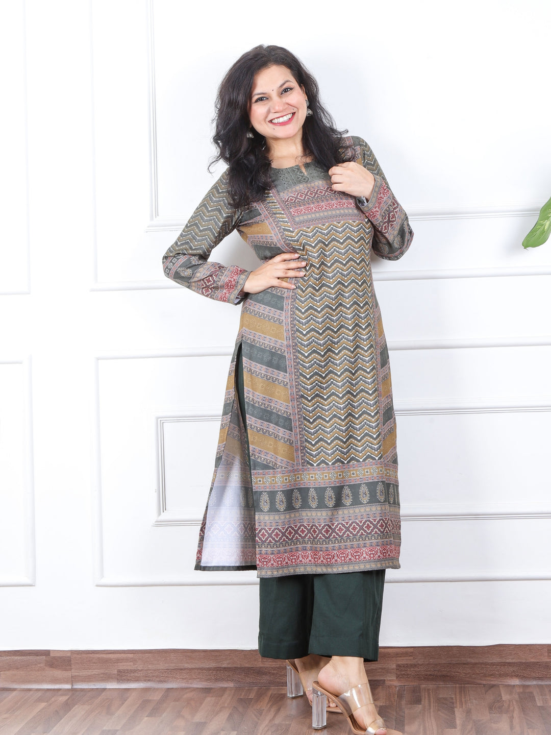 Grass Green Ajrak Placement Print Semi Pashmina Winter Kurti