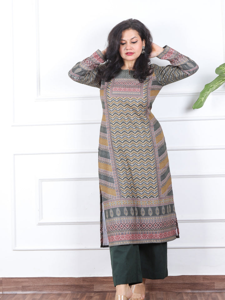 Grass Green Ajrak Placement Print Semi Pashmina Winter Kurti