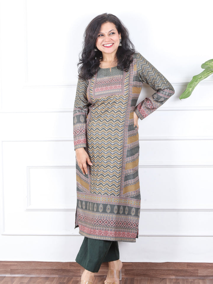 Grass Green Ajrak Placement Print Semi Pashmina Winter Kurti