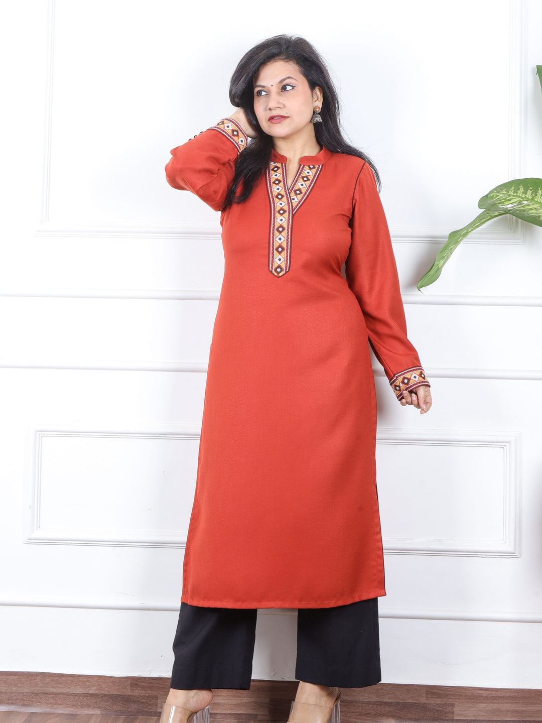 Rabb Rust Orange Lace Neck Work Premium Pashmina Winter Kurti