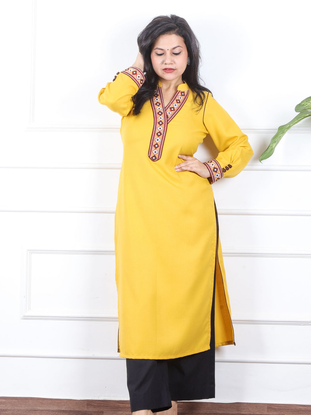 Rabb Beetle Yellow Lace  Neck Work Premium Pashmina Winter Kurti