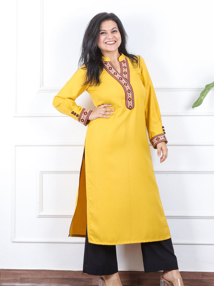 Rabb Beetle Yellow Lace  Neck Work Premium Pashmina Winter Kurti