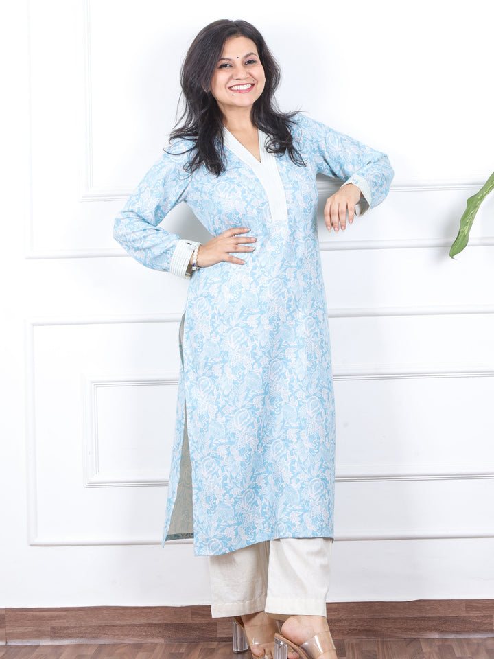 Rabb Pastel Blue Thread Neck Work Premium Semi-Pashmina Winter Kurti