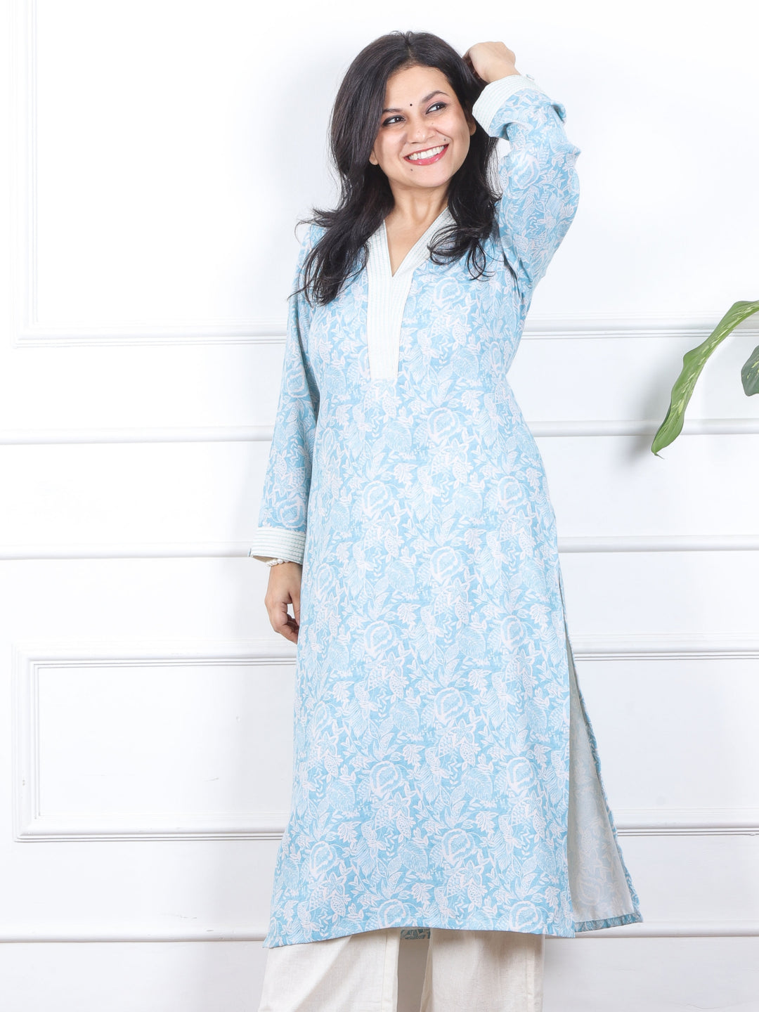 Rabb Pastel Blue Thread Neck Work Premium Semi-Pashmina Winter Kurti