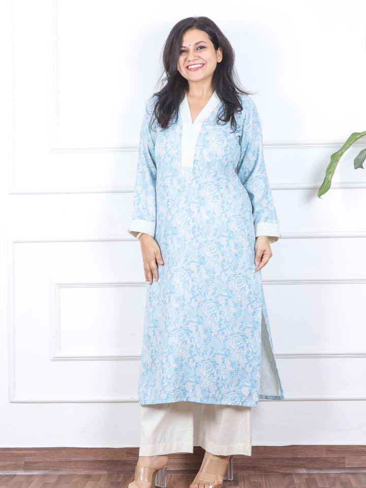 Rabb Pastel Blue Thread Neck Work Premium Semi-Pashmina Winter Kurti