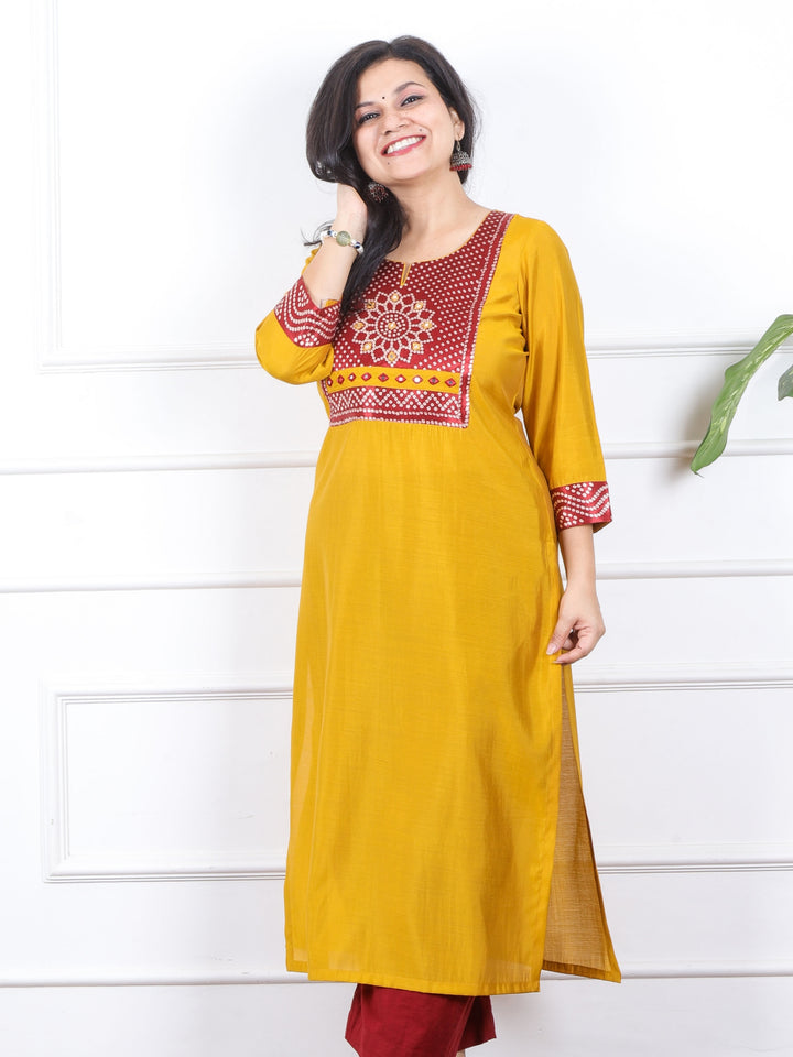 Raajhan Turmeric Yellow Mashru Patch Work Roman Silk Kurti