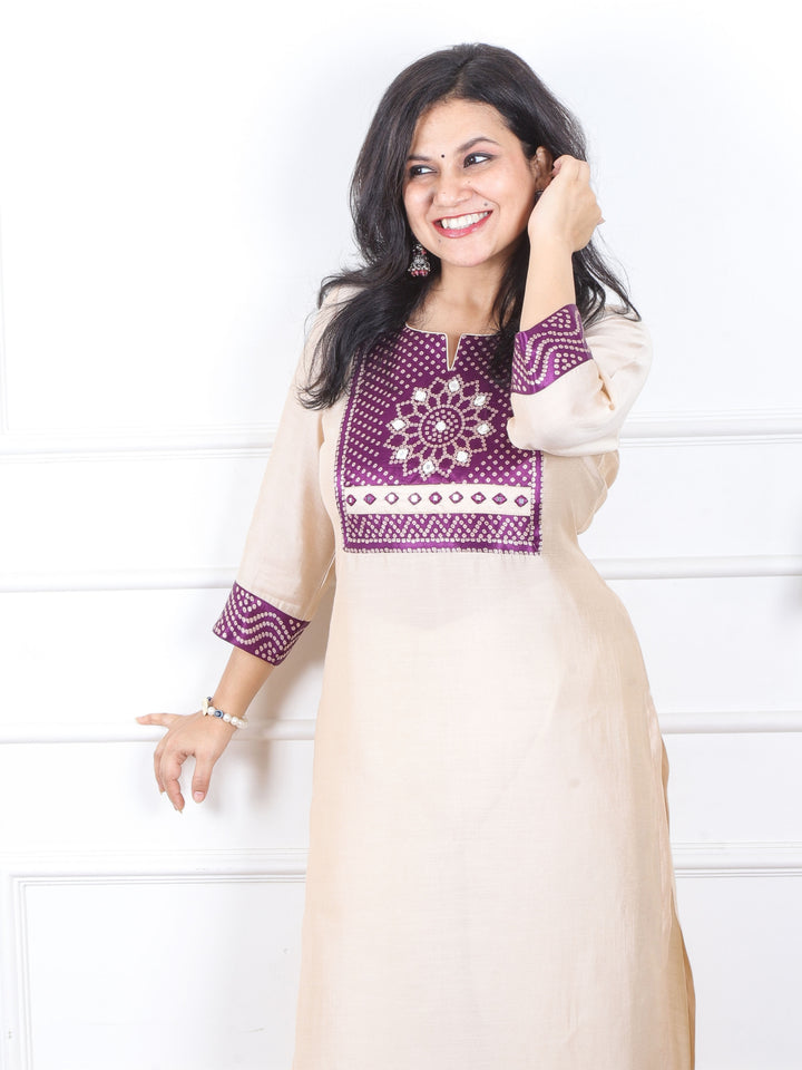 Raajhan Buttermilk White Mashru Patch Work Roman Silk Kurti