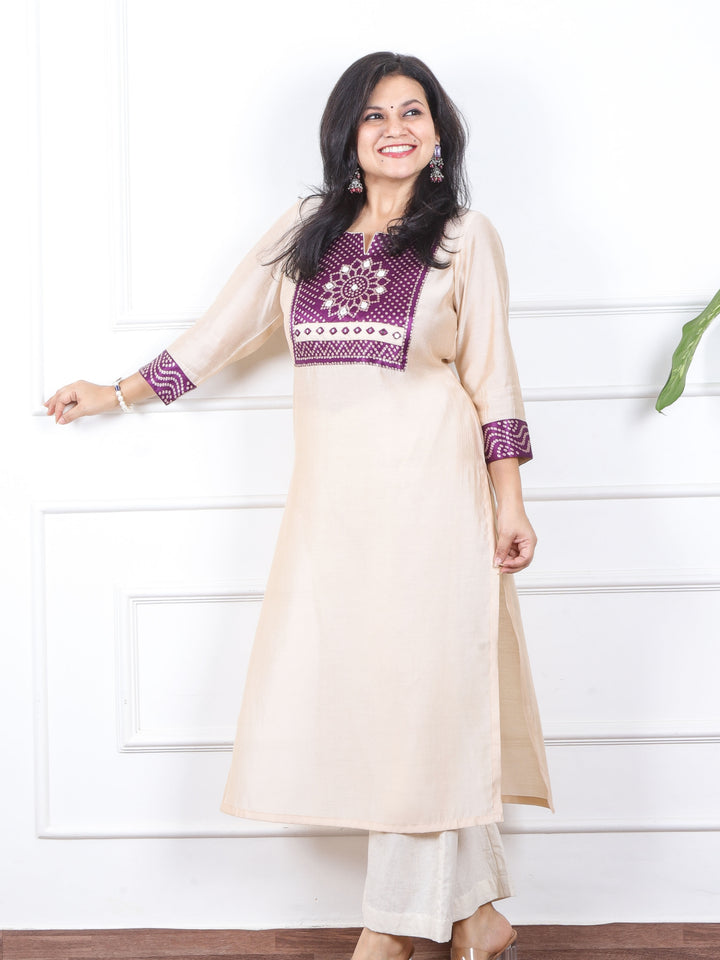 Raajhan Buttermilk White Mashru Patch Work Roman Silk Kurti