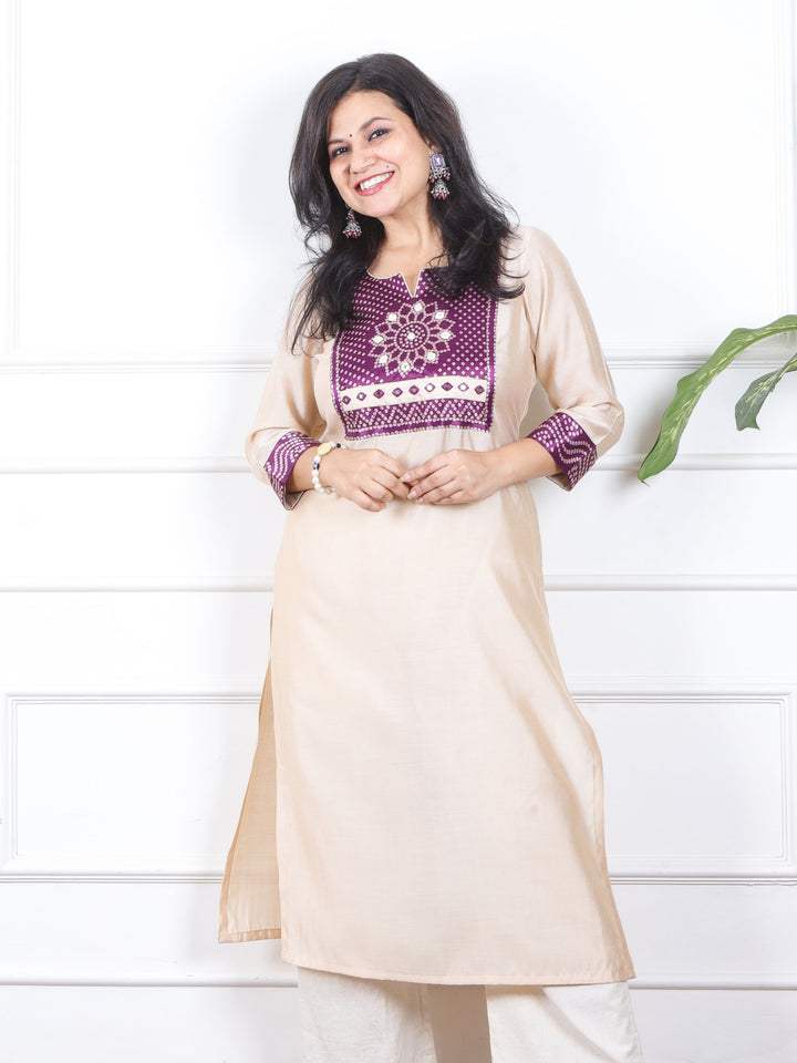 Raajhan Buttermilk White Mashru Patch Work Roman Silk Kurti