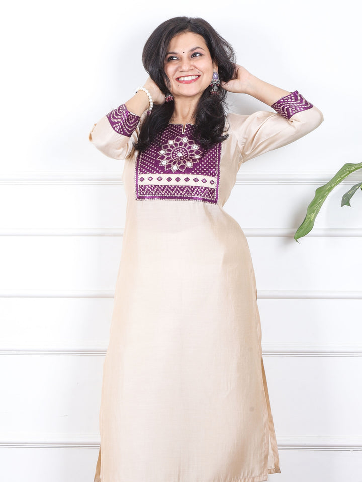 Raajhan Buttermilk White Mashru Patch Work Roman Silk Kurti