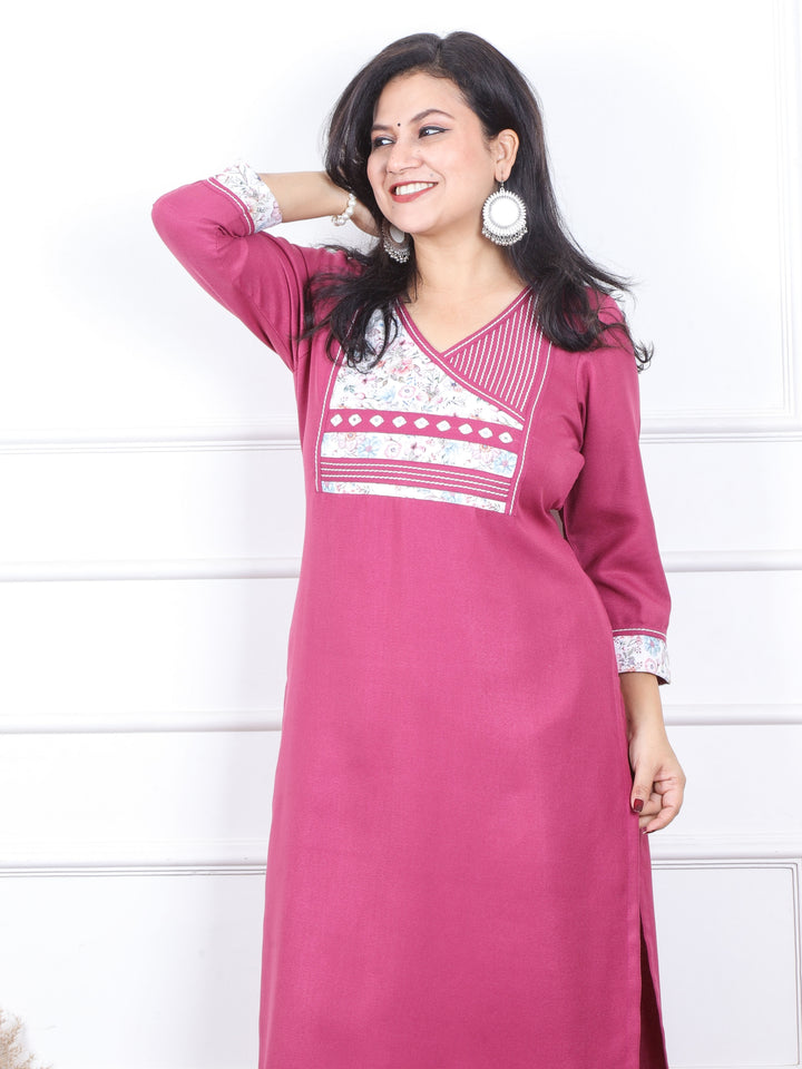 चांदनी Punch Pink Angrakha Style Floral Print Patch Semi Pashmina Winter Kurti