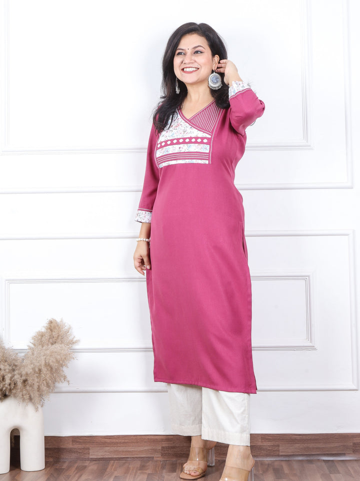 चांदनी Punch Pink Angrakha Style Floral Print Patch Semi Pashmina Winter Kurti