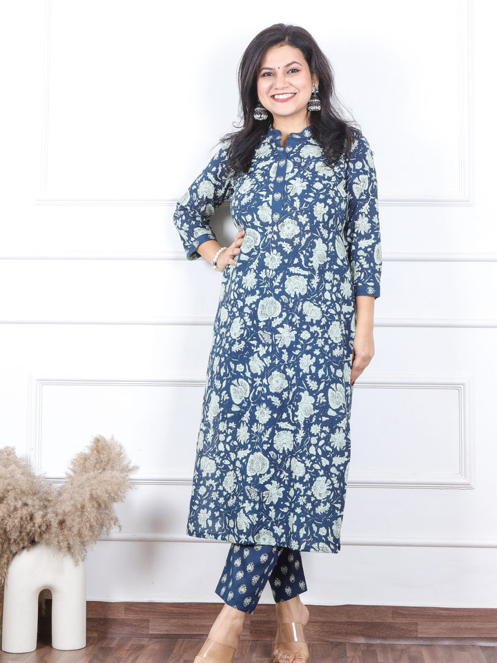 सजना Denim Blue All Over Floral Printed Cotton 2 Piece Set