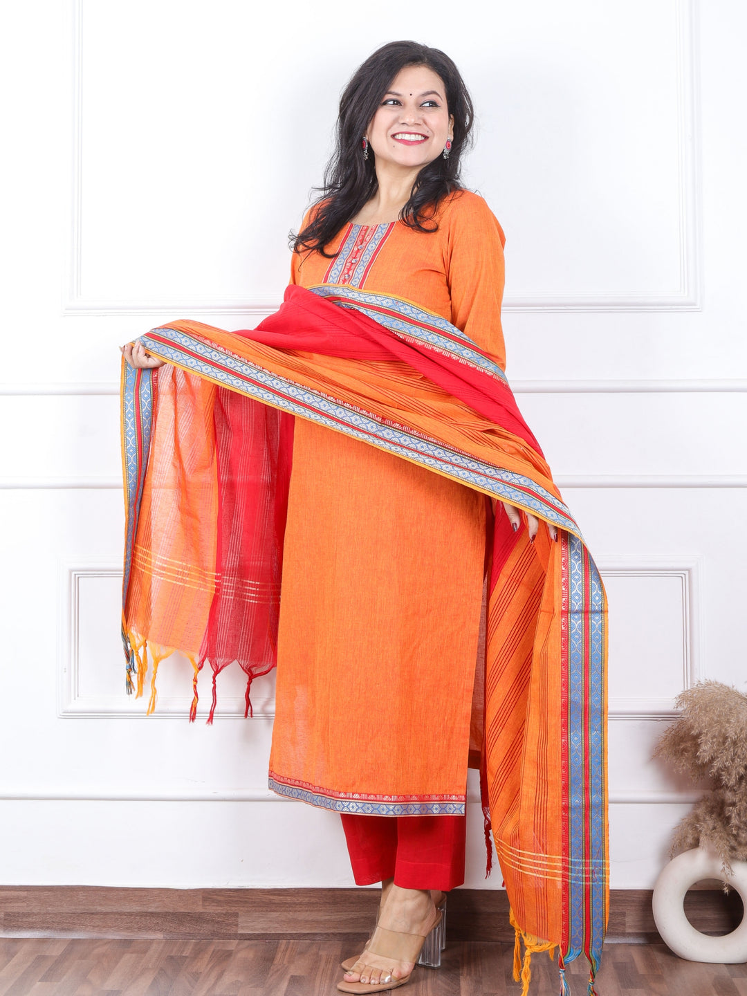 Iktaara Tangerine Orange Patch Neck with Button Work South Cotton 3 Piece Set