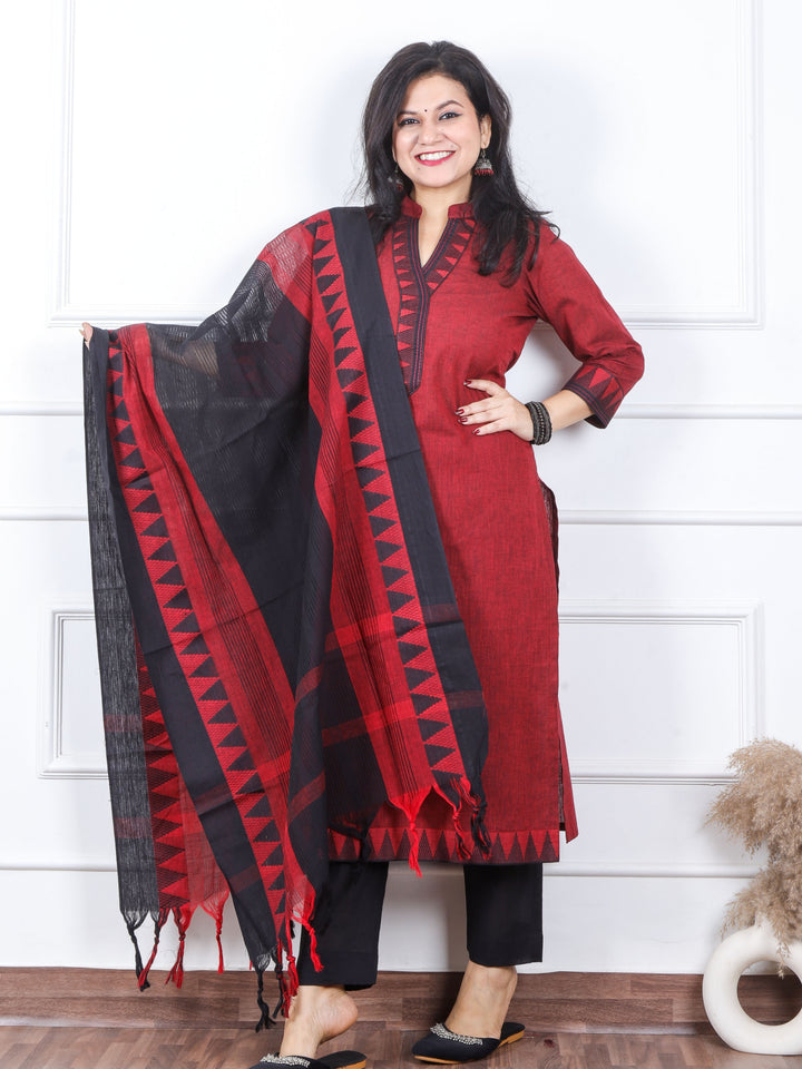 Iktaara Blood Red Patch Neck with Thread Work South Cotton 3 Piece Set