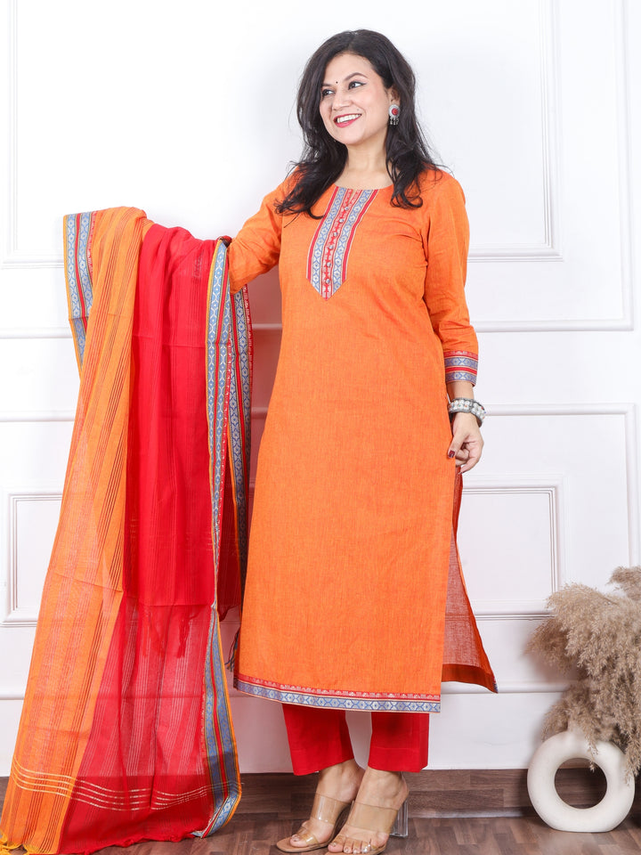 Iktaara Tangerine Orange Patch Neck with Button Work South Cotton 3 Piece Set