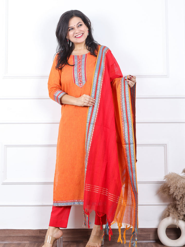 Iktaara Tangerine Orange Patch Neck with Button Work South Cotton 3 Piece Set