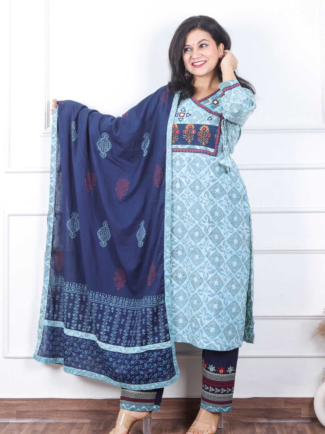 Roop Tiffany Blue Angrakha Kutch Neck Work Print Cotton 3 Piece Set