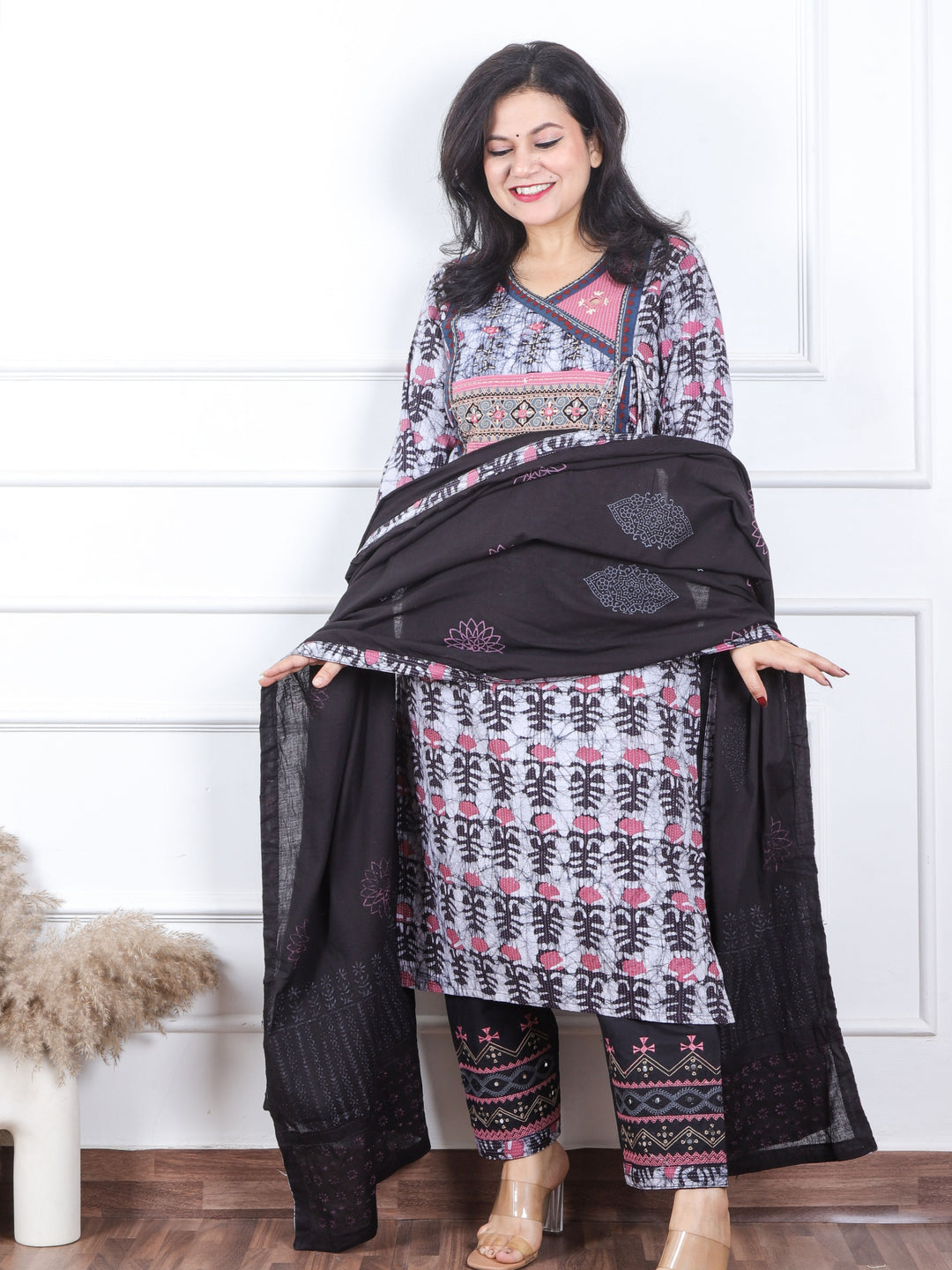 Roop Fossil Grey Angrakha Kutch Neck Work Print Cotton 3 Piece Set