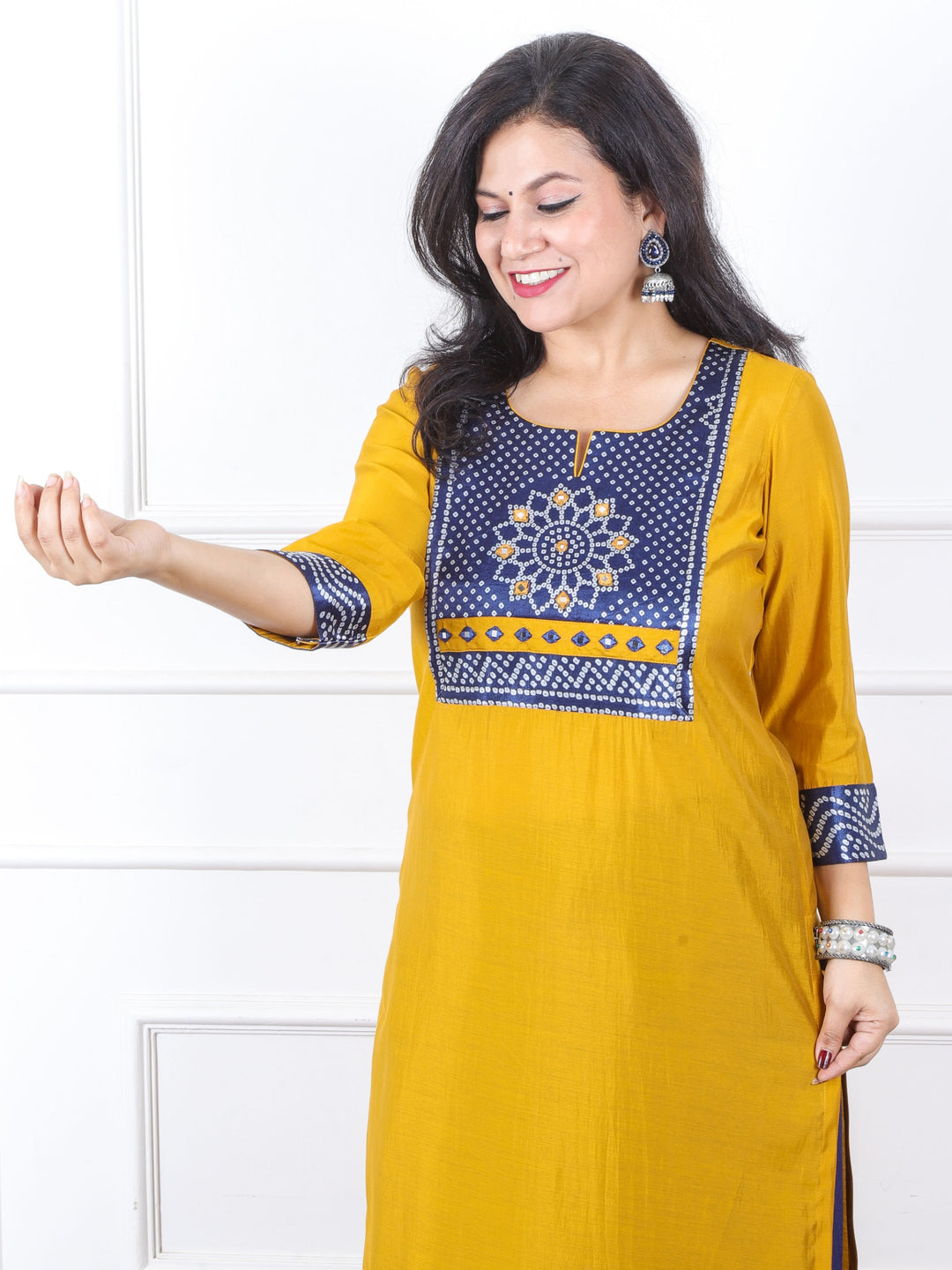 Raajhan Turmeric Yellow with Blue Mashru Patch Work Roman Silk Kurti