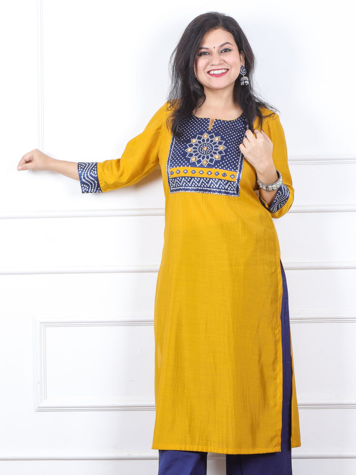 Raajhan Turmeric Yellow with Blue Mashru Patch Work Roman Silk Kurti