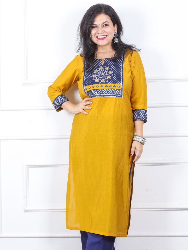 Raajhan Turmeric Yellow with Blue Mashru Patch Work Roman Silk Kurti