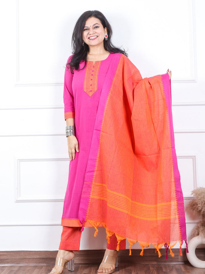 Iktaara Magenta Purple Patch Neck with Thread Work South Cotton 3 Piece Set